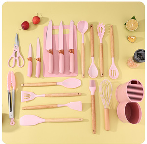 Juego de 19 utensilios de cocina de silicona ecológicos con mango de madera y cuchillos de cocina de acero inoxidable, aptos para lavavajillas, con organizador de almacenamiento. - Product Image 1