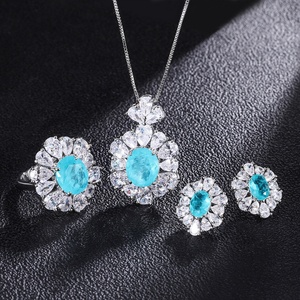 Fashion 10*12mm Paraiba Zircon Vintage Vintage Necklace <b>Earrings</b> Ring 3Pcs Eco-friendly Copper Elegantes Ladies Jewellery <b>Set</b> - Product Image 3