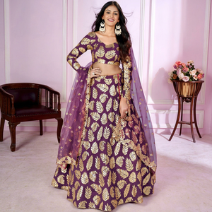 Purple <b>Sequin</b> Zari Embroidered Lehenga Choli A-Line Ethnic Dress Wedding Outfit Women - Product Image 1