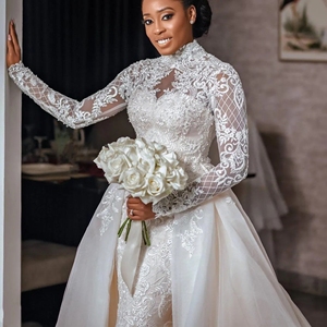 Vestido <span class=keywords><strong>de</strong></span> novia árabe Aso Ebi <span class=keywords><strong>de</strong></span> talla grande con tren desmontable, Apliques <span class=keywords><strong>de</strong></span> encaje <span class=keywords><strong>de</strong></span> lujo, cuello alto, sirena real musulmana, Boda nupcial - Product Image 3