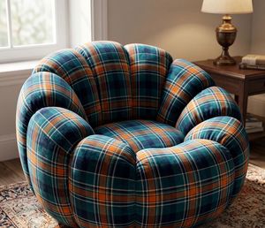 Tela de tapicería estampada a cuadros en azul verdoso, naranja y blanco por yarda, textil colorido con patrón a cuadros para muebles, sofá y silla - Product Image 3