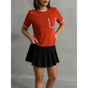 T-shirt en tricot terracotta Topshow pour femme - Haut à manches courtes en mélange de coton en gros - Product Image 4
