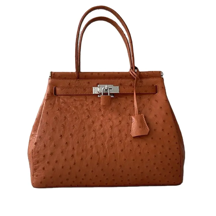 Bolsa de mão elegante clássica de couro avestruz, bolsa feminina de mão