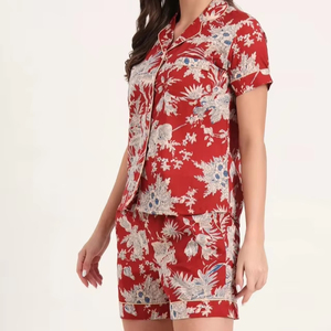 Ensemble de pyjama en coton floral de style romantique rouge, imprimé à la main, vêtements de nuit pour femmes, vêtements de nuit de couleur unie, prix de gros disponible - Product Image 1