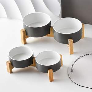 Mangkuk makanan hewan peliharaan kucing anjing porselen tinggi desainer kustom mangkuk anjing kucing peliharaan naik keramik dengan dudukan bingkai kayu - Product Image 3