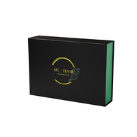 Caja de Empaque Magnética Negra Personalizada con Logotipo para Extensiones de Cabello, con Interior Verde y Forro de Satén Dorado, Caja Rígida para Regalo de Pelucas