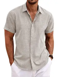 Custom Men's Casual Office-style Linen Short Sleeve Lapel Shirt With Custom Logo And Print Men's Summer Shirt