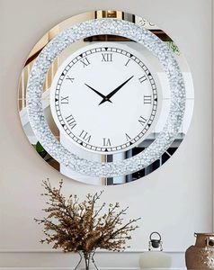 Silver Quartz Needle Movement Mirror Crystal Diamond Sparkle Twinkle Bling Large Wall <b>Clock</b> Decoration - Product Image 1