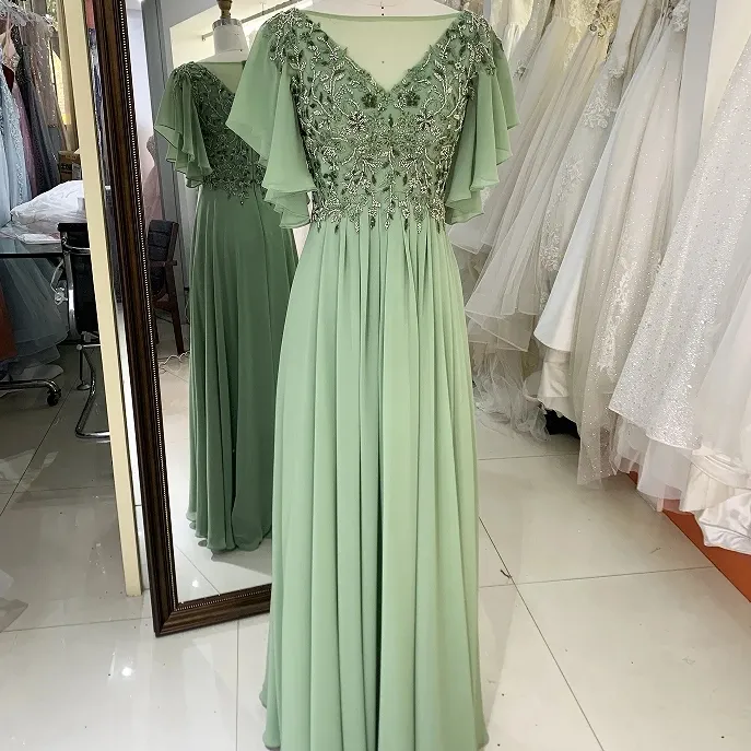 2024セージグリーンパフスリーブ刺繍ビーズラウンドネックジッパーアップバックシフォンスカート花嫁の母ドレス
