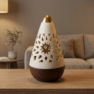 Decorative Cone Shaped Bakhoor Burner with Cutout Design and Wooden Base for Incense, Oud Chips and <b>Home</b> Fragrance Decor - Product Image 2