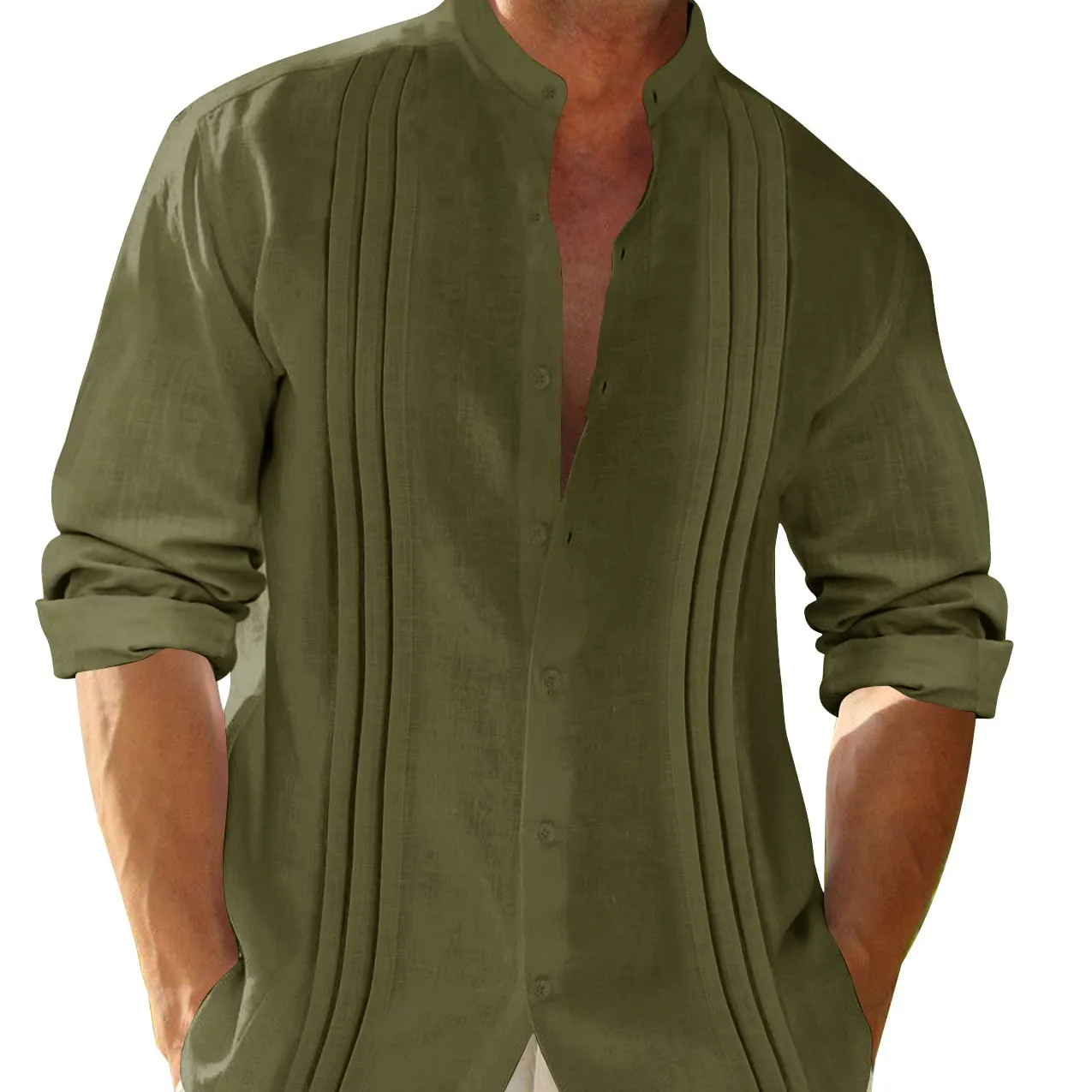 Erkek Guayabera düğme aşağı gömlek keten pamuklu uzun kollu tişört küba kampı düz yaz plaj gömlek üst