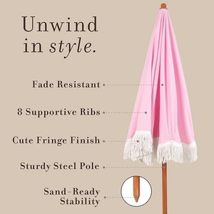 Boho Fringe Vintage Garden Umbrella Manual Iron <b>Frame</b> Extra Large Custom Patio Shade with Push-Button Tilt & Wood Print Design - Product Image 6