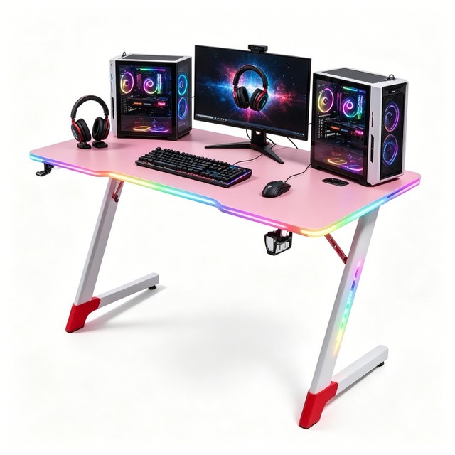 LED RGB Gaming Desk Z Shaped Steel Frame Carbon Fiber Finish 18mm PC Station for Gamers Streamers