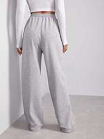 Pantalon de survêtement gris en coton pour femme, taille haute, coupe large, avec cordon de serrage, décontracté, ample, longueur intégrale, couleur unie
