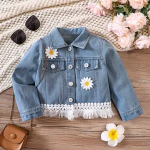 Jaket musim gugur anak perempuan, mantel denim anak perempuan, jaket hem tepi, mantel denim musim gugur 2023