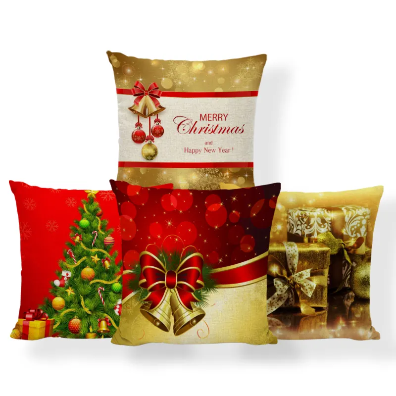 2022 Cushion Covers Christmas 100% Polyester Printed Linen Happy New Year Pillow Case Cover And Throw Xmas Gold and Red Tree Kid