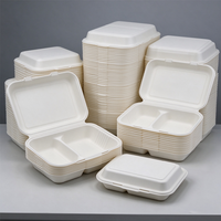 Boîte à lunch biodégradable en bagasse, conteneur à clapet à 2 compartiments avec couvercle, emballage alimentaire jetable pour restaurant à emporter
