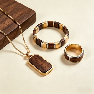 Juego de Joyería para Hombre de Acero Inoxidable 316L con Incrustaciones de Madera, Collar con Colgante de Madera de Nogal, Pulsera y Anillo, Regalo - Product Image 2