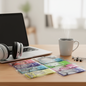 Estuche impermeable para auriculares con almacenamiento para audífonos y cables en un diseño transparente y colorido. - Product Image 3