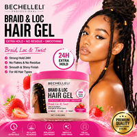 Gel capillaire hydratant bio à base d'eau avec tenue extra forte, anti-frisottis, parfum fraise, pour tresses, locks et twists – Étiquette personnalisée