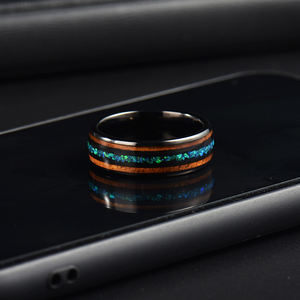 Poya Оптовая Продажа Модные ювелирные изделия для мужчин 8 мм черное покрытие Koa древесина инкрустация синий опал вольфрамовое кольцо для свадьбы - Product Image 3