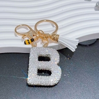 Porte-clés Bling en strass avec 26 lettres, breloque abeille et pompon, anneau porte-clés initial en cristal pour décoration de sac à main femme