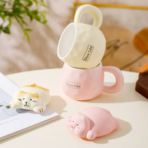 แก้วเซรามิคลายการ์ตูนรูปหมีน่ารัก แก้วกาแฟลายแมวพร้อมฝาปิดรูปสัตว์ 3 มิติ - Product Image 6