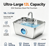 Grande fontaine à eau pour chien en acier inoxydable 12L, fontaine pour chat avec bec verseur et niveau d'eau visible