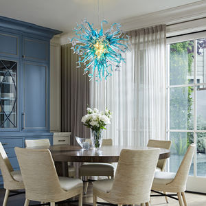 Lampe LED suspendue en verre soufflé à la main, composé de chaînes, design moderne, éclairage d'intérieur, luminaire décoratif de plafond, couleur gris et bleu, idéal pour un salon ou une Table - Product Image 5