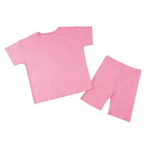睡衣纯色针织软竹睡衣套装落肩粉色上衣和自行车短裤小女孩休息室套装