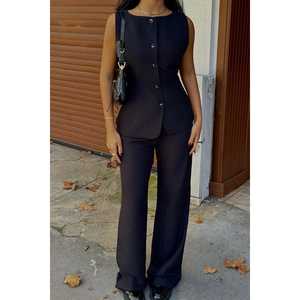 Ensemble haut et bas noir Lamarie pour femme avec ceinture à nouer, costume élégant pour femme - Product Image 5