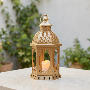 2026 Ramadan & Eid Decorative Modern Gold Metal <b>Moroccan</b> Candle Holder Lantern for Tabletop Home <b>Decor</b> - Product Image 2