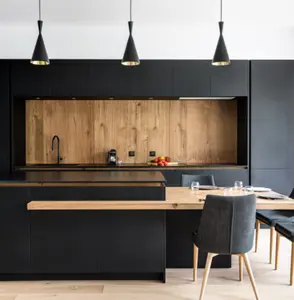 Modern Black Matte Lacquer Kitchen Cabinet Set Custom Handle Free Kitchen Cabinet Design