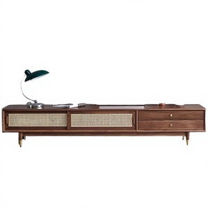 Mueble para TV de Madera Estilo Moderno de Mediados de Siglo con Puertas Corredizas y Cajones de Ratán - Product Image 3