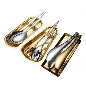 Bandeja de Servir de Acero Inoxidable Dorado con Acabado Espejo, Pinzas para Buffet, Pinzas para Pan y Alimentos, Plato para Aperitivos en Forma de Abanico, Soporte para Cucharas, Estante para Cubiertos - Product Image 1