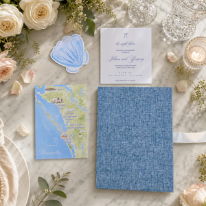 Set di Inviti Matrimoniali Personalizzati in Lino Azzurro con Etichetta a Conchiglia Acquerellata, <span class=keywords><strong>Mappa</strong></span> della Destinazione e Tasca Portacarte - Product Image 1