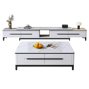Meuble TV et <span class=keywords><strong>Table</strong></span> Basse de Salon Flottants en Marbre et Bois, Qualité Luxe Moderne, Rétractables avec Rangement, Dernier Design - Product Image 5