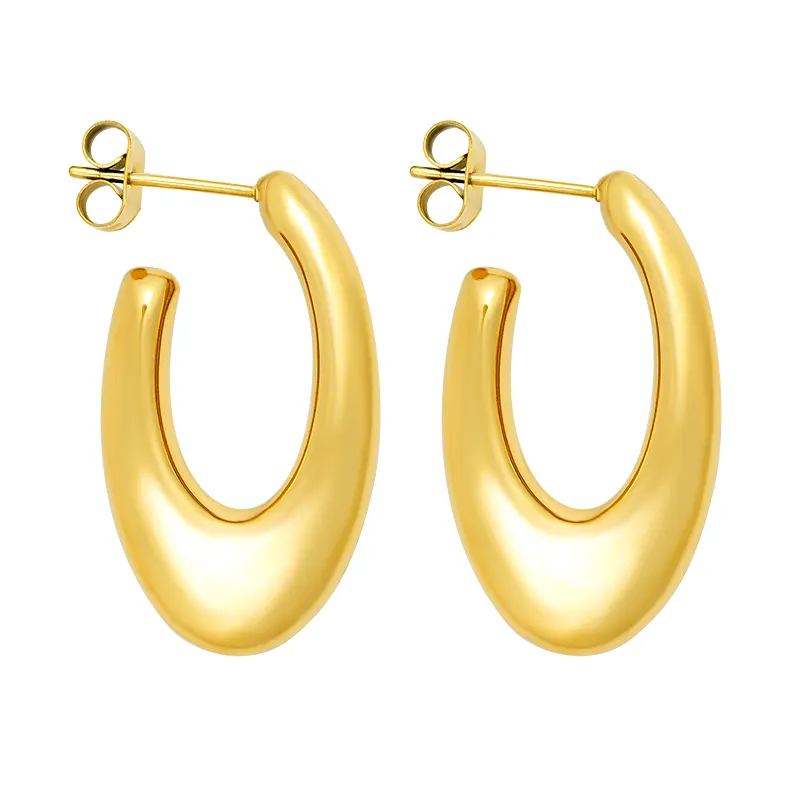 Boucles d'oreilles créoles de style français Boucles d'oreilles imperméables géométriques ovales en forme de U en acier inoxydable plaqué or 18 carats