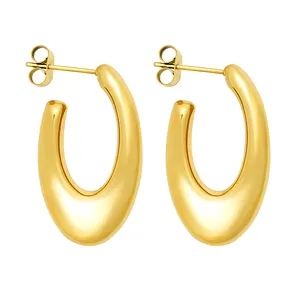 French Style Statement Hoop Earrings 18K Gold Plated Stainless Steel Oval U-shaped Geometric Waterproof Earrings