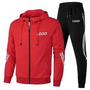 Wholesale Premium Embroidered Printed String Red Sweatshirt Custom Logo Side Stripe Zip Up Hoodie and Pants Set