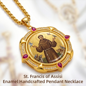 Collana Smaltata Dipinta a Mano di San Francesco d'Assisi in Ottone Placcato Oro 18K, Patrono <span class=keywords><strong>della</strong></span> Pace, Regalo Cattolico per la <span class=keywords><strong>Preghiera</strong></span> - Vendita all'Ingrosso - Product Image 1