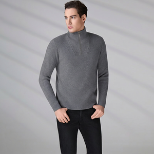 Pull en laine à manches longues, couleur unie, style automne, coupe classique, col zippé côtelé pour homme - Product Image 5