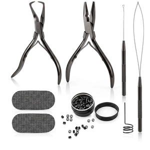 Kit d'outils d'extension capillaire couleur noir titane, très demandé, avec pinces métalliques, extracteur de perles et crochets de pose - Product Image 1