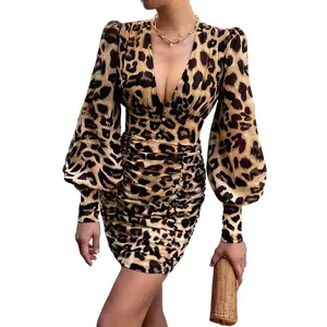 Gaun Mini Macan Tutul Ruched Lengan Panjang Seksi Mode Musim Gugur Gaun Bodycon Motif Bunga Kasual Wanita Wanita C13870