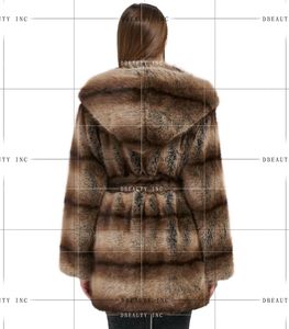 Women's Hooded Striped Faux Fur Coat Waist Belted Mid-Length Fluffy Furry Jacket Luxury Warm <b>Winter</b> Open Front Outerwear - Product Image 4