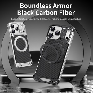 Custom Carbon Fiber Texture Magnetic Case for <b>iPhone</b> 17 15 16 Pro Max With 360° Ring Stand Aluminum Frameless Protective Cover - Product Image 3