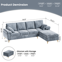 Sofá modular de terciopelo suave OEM/ODM con almacenamiento, sofá de esquina otomano en forma de L, sofá para sala de estar con chaise, sofá Seccional de terciopelo