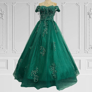 Off Shoulder Emerald Green Ball Gown Empire Waist Floral Print Evening Dress For Women Formal Party Prom Attire - Product Image 1