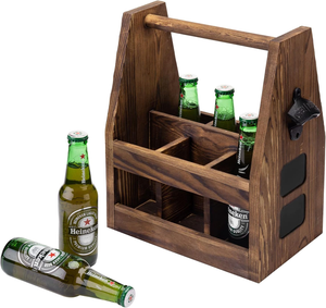 Porte-bière rustique en bois brun foncé brûlé avec ouvre-bouteille en fonte et porte-vin magnétique - Product Image 3