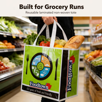 Sac fourre-tout réutilisable en non-tissé laminé, idéal pour les courses, avec poignées en sangle entièrement imprimées, vente en gros pour supermarchés